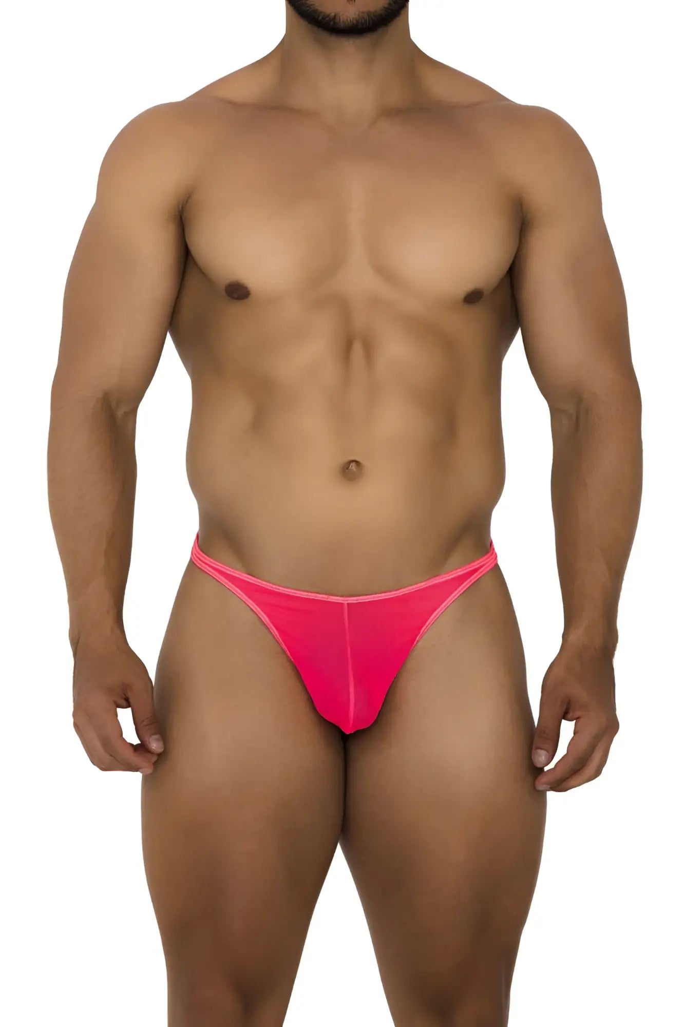 Bright pink xtremen 91189 tulle mesh thong with snug form-fitting design shown from the back side