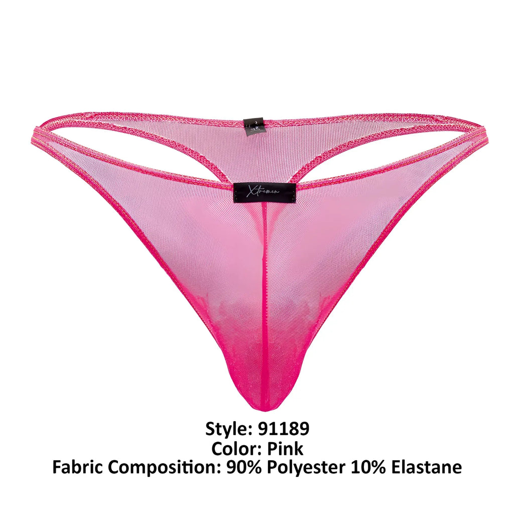 Pink xtremen 91189 tulle mesh thong with sheer translucent fabric and bold fuchsia trim shown from the back side