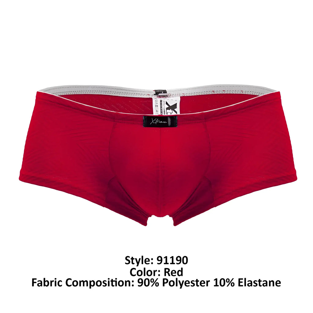 Red xtremen 91190 jacquard trunks men’s briefs with gray waistband and black brand tag front view