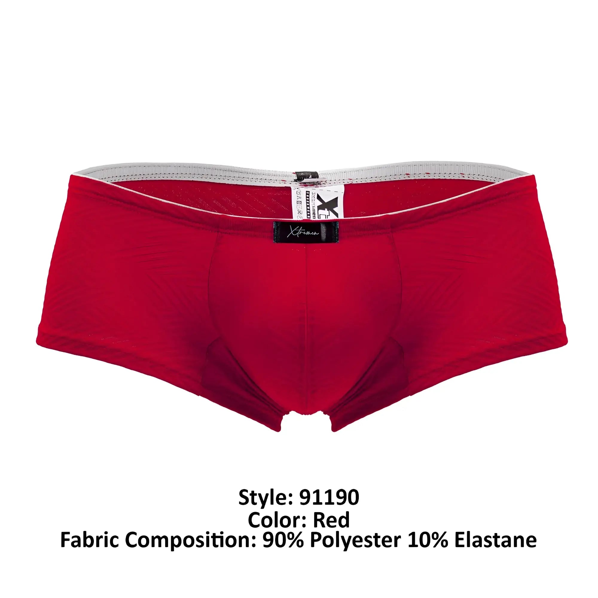 Red xtremen 91190 jacquard trunks men’s briefs with gray waistband and black brand tag front view