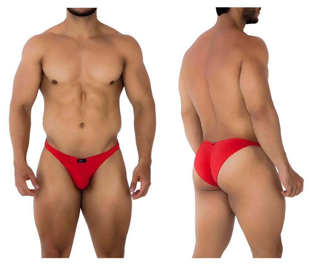 Red men’s briefs xtremen 91192 jacquard bikini with sleek form-fitting design and small black brand tag at front
