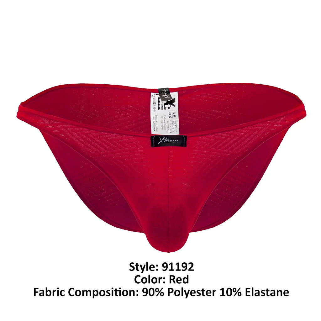 Xtremen 91192 jacquard bikini red form-fitting mesh briefs with diagonal weave pattern and black brand tag at waistband