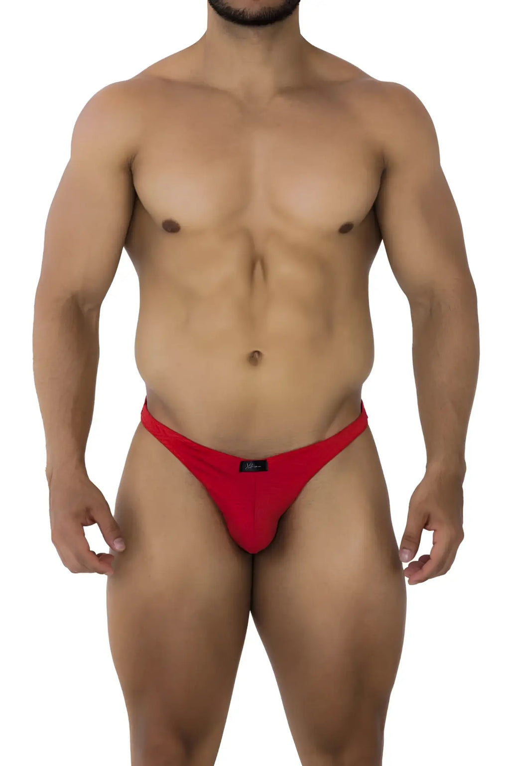 Red xtremen 91192 jacquard bikini thong back view made of stretchy fabric with a small black brand tag at the waistband