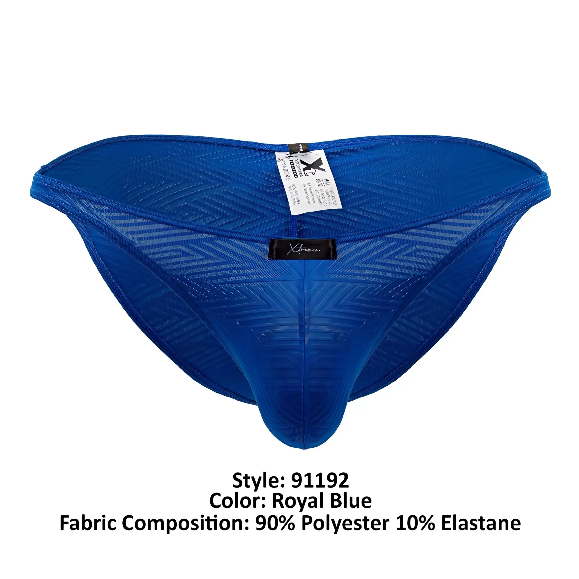 Royal blue xtremen 91192 jacquard bikini briefs with a textured geometric pattern and sleek form-fitting design