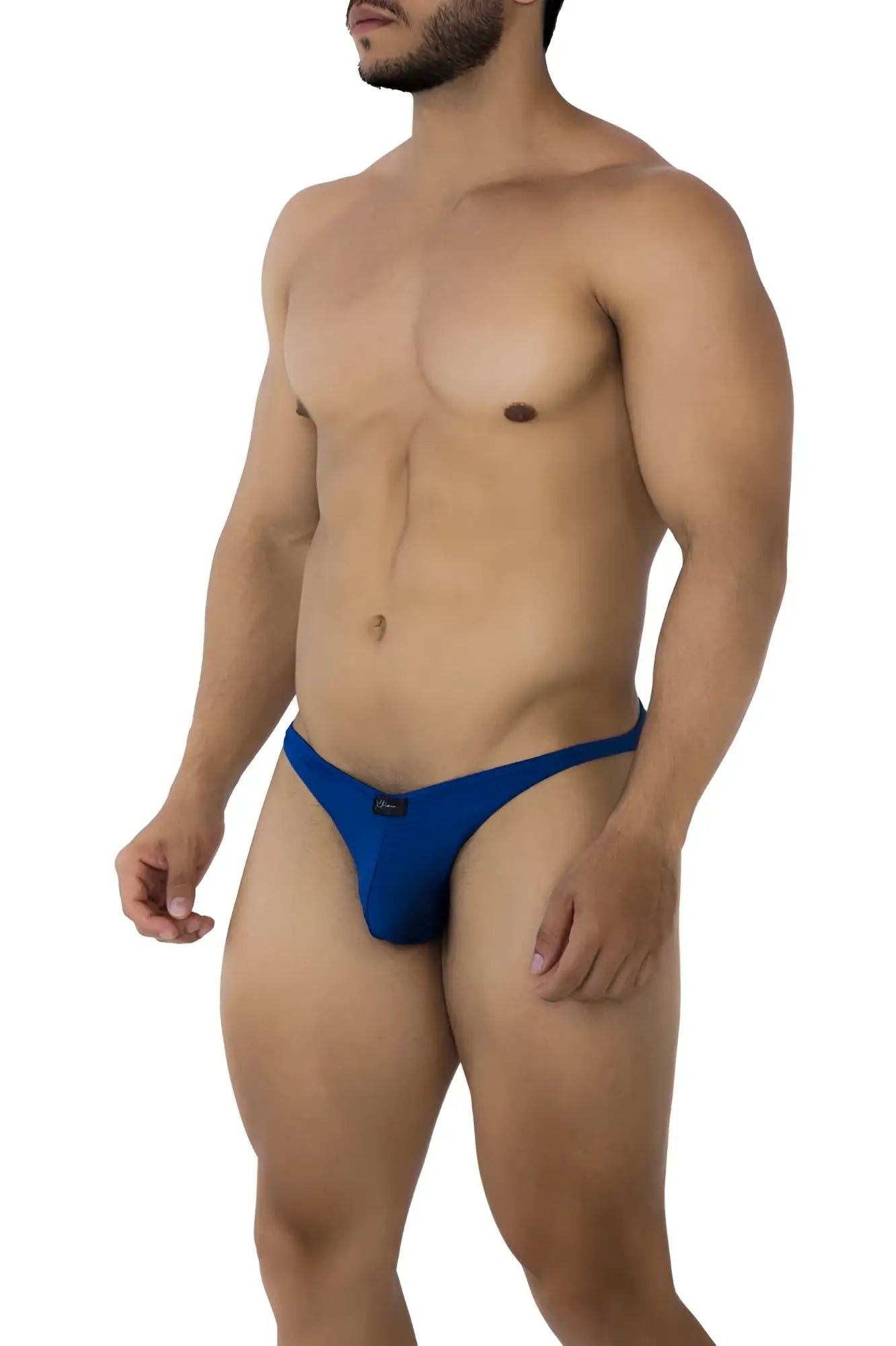 Xtremen 91192 jacquard bikini royal blue men’s thong with sleek form-fitting design and small black logo on front