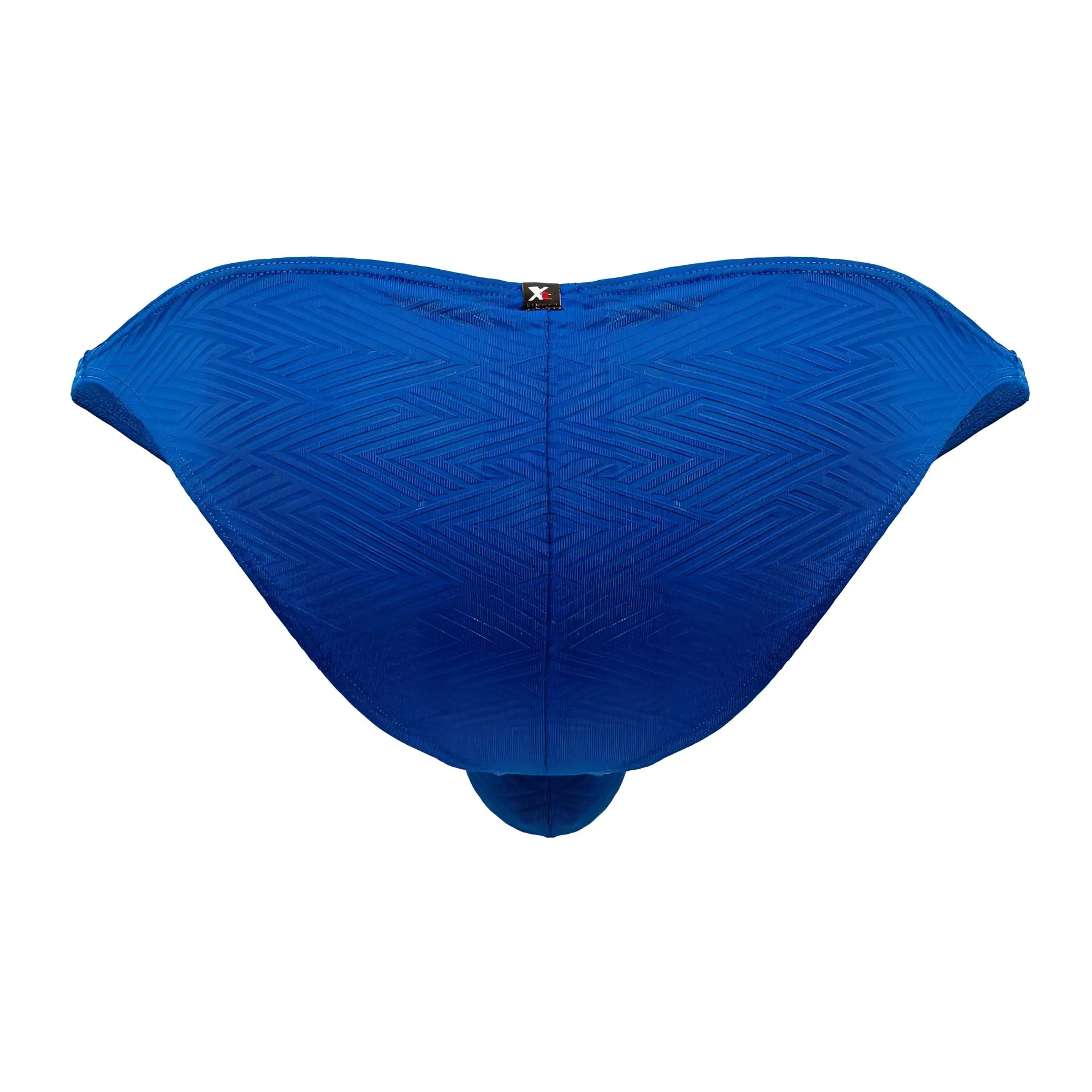 Vibrant royal blue jacquard bikini briefs with herringbone texture and a black brand tag on the back center