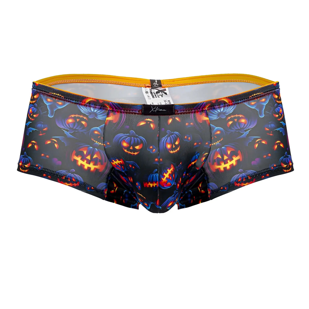 Black halloween themed Xtremen 91193 printed trunks with glowing orange pumpkins blue ghosts on dark fabric and yellow waistband