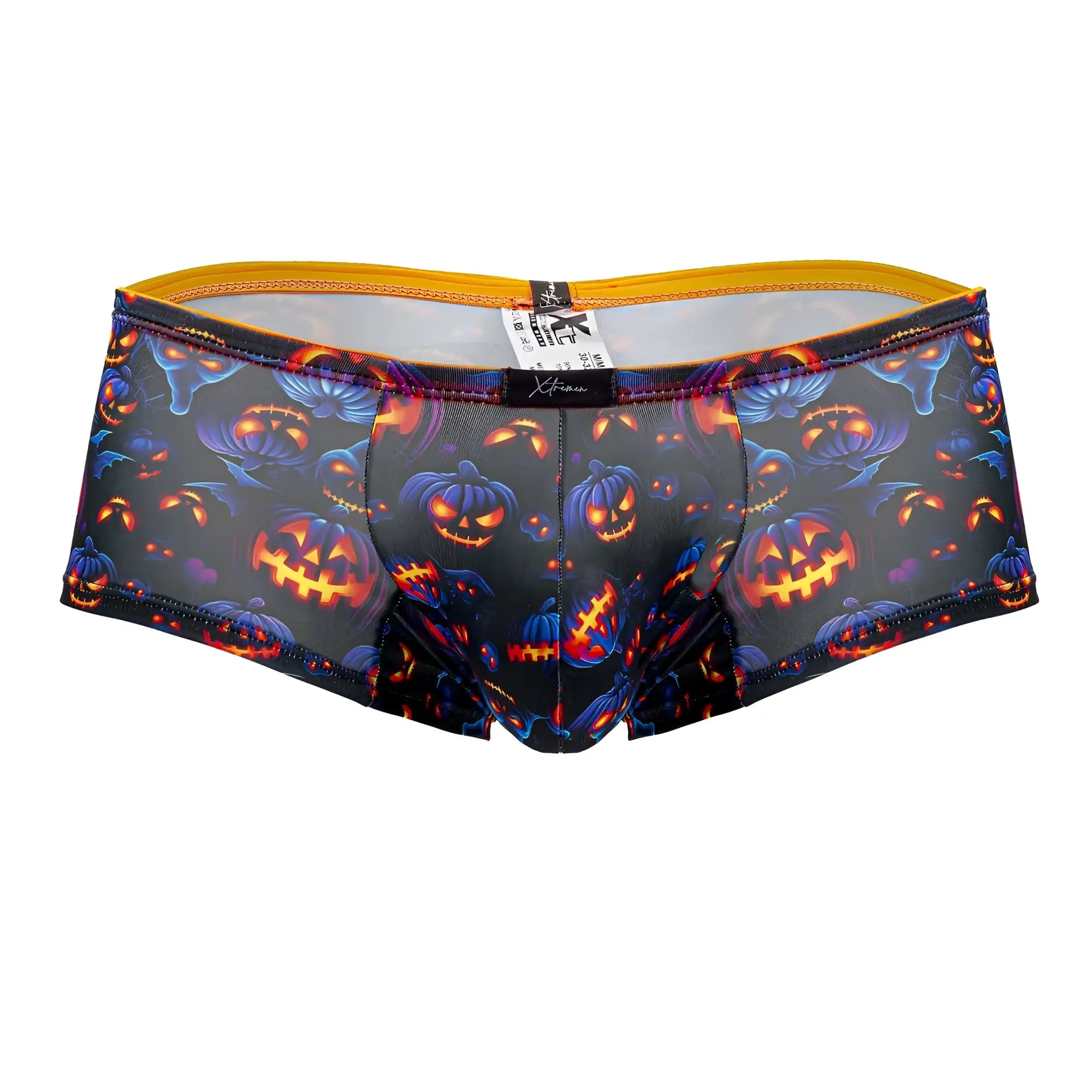 Black halloween themed Xtremen 91193 printed trunks with glowing orange pumpkins blue ghosts on dark fabric and yellow waistband