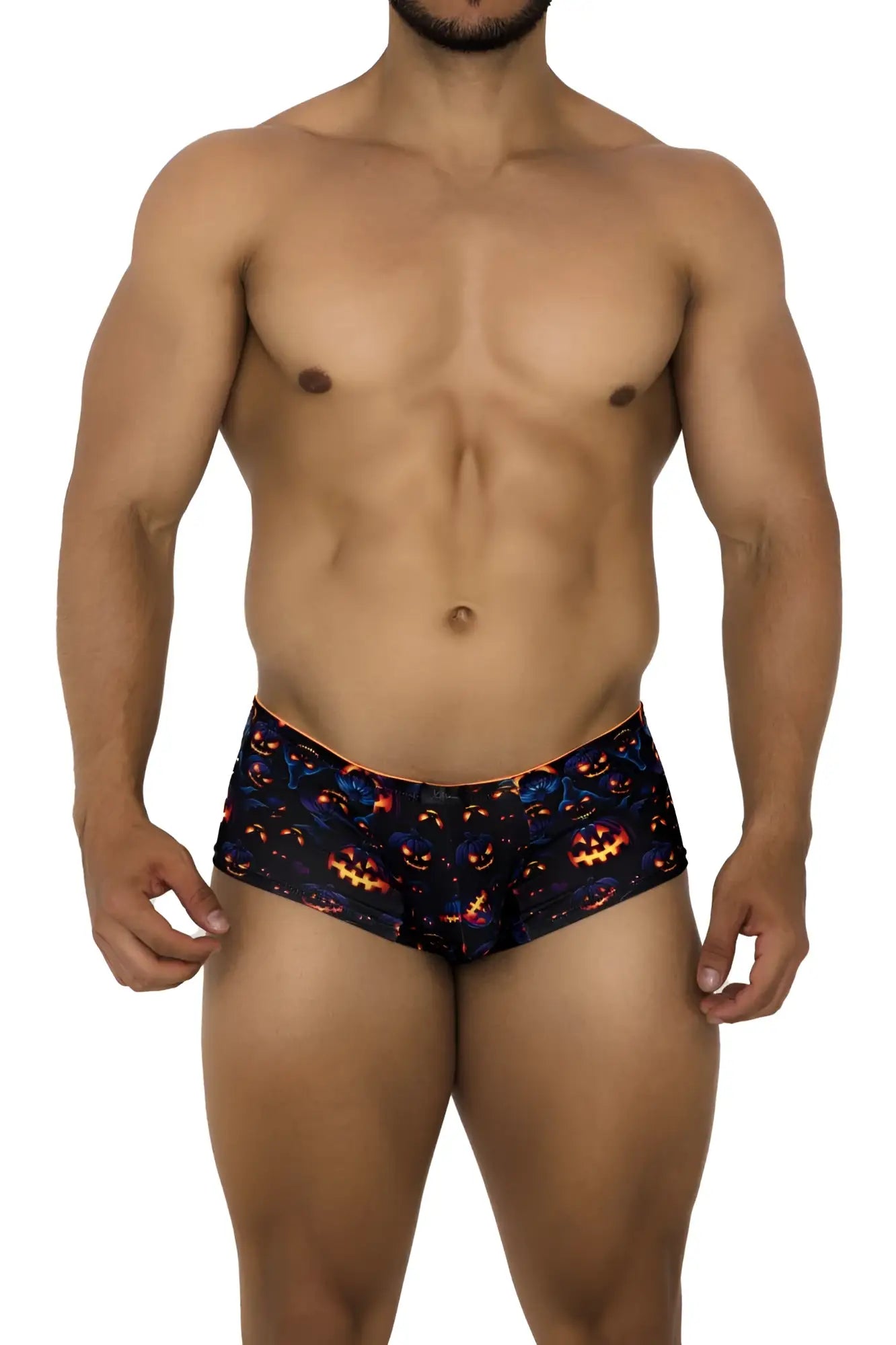 Black Xtremen 91193 printed swim trunks with glowing orange jack-o-lantern faces and blue accents Halloween design