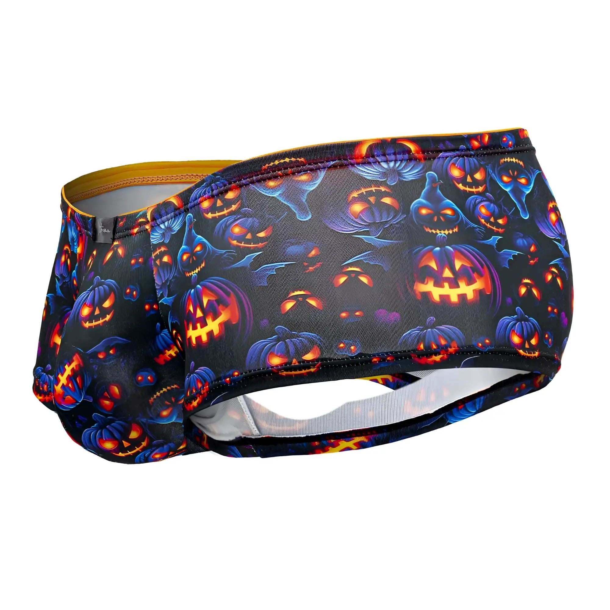 Black xtremen 91193 printed swim trunks featuring glowing orange and purple pumpkins bats and ghosts with yellow waistband