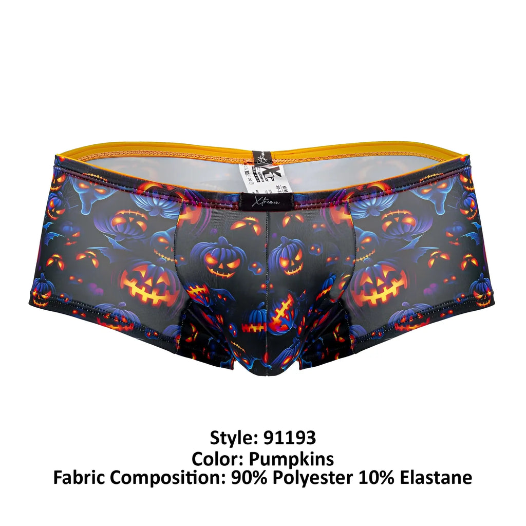 Black men’s Xtremen 91193 printed trunks with vibrant Halloween pumpkin pattern in orange purple 90 polyester 10 elastane