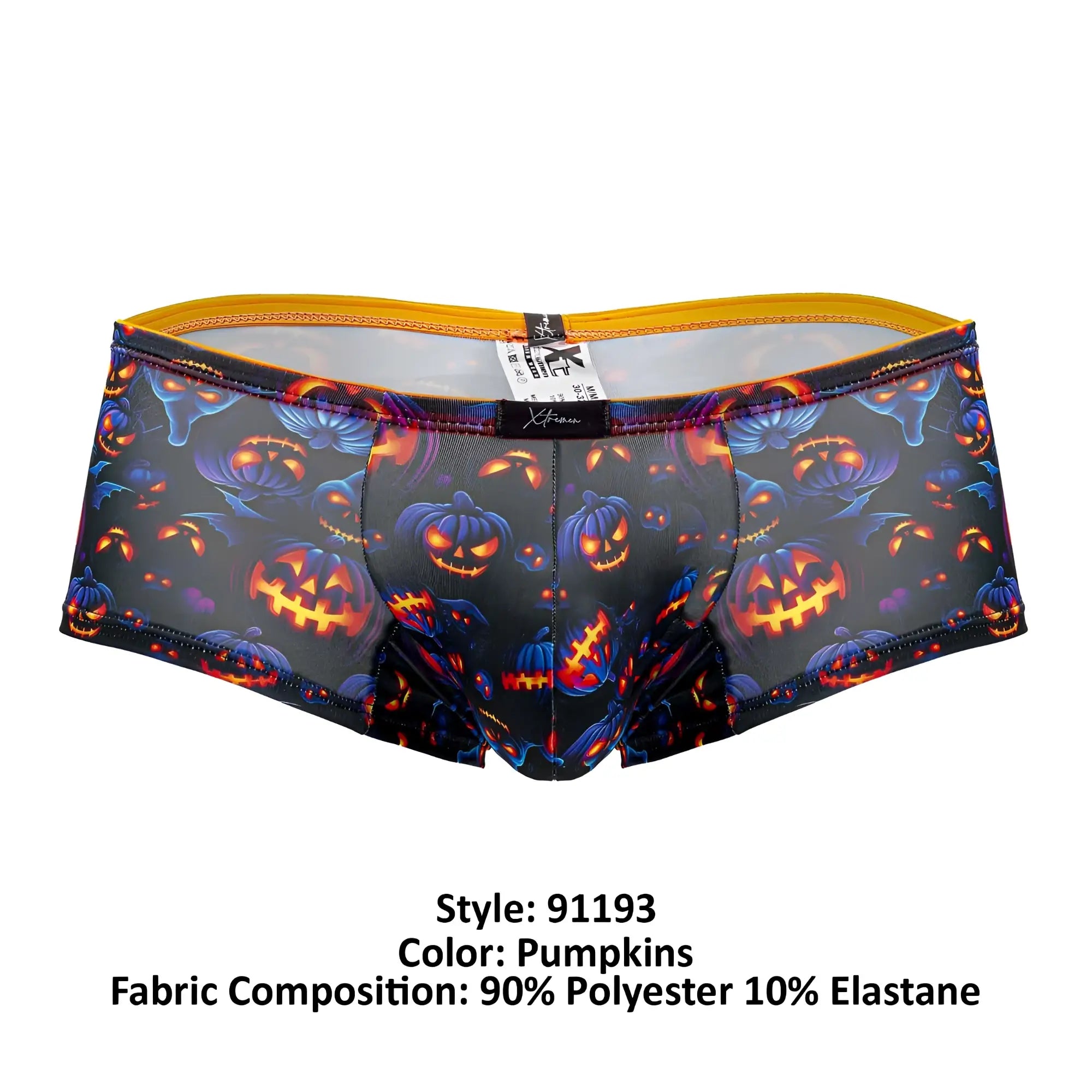 Black men’s Xtremen 91193 printed trunks with vibrant Halloween pumpkin pattern in orange purple 90 polyester 10 elastane