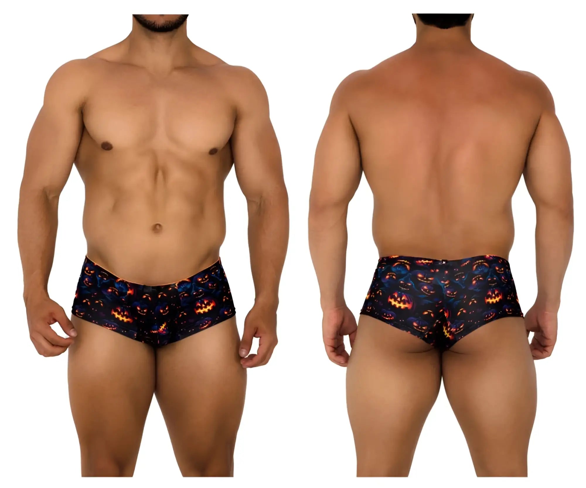 Black xtremen 91193 swim trunks with vibrant halloween pumpkin design featuring orange and blue accents