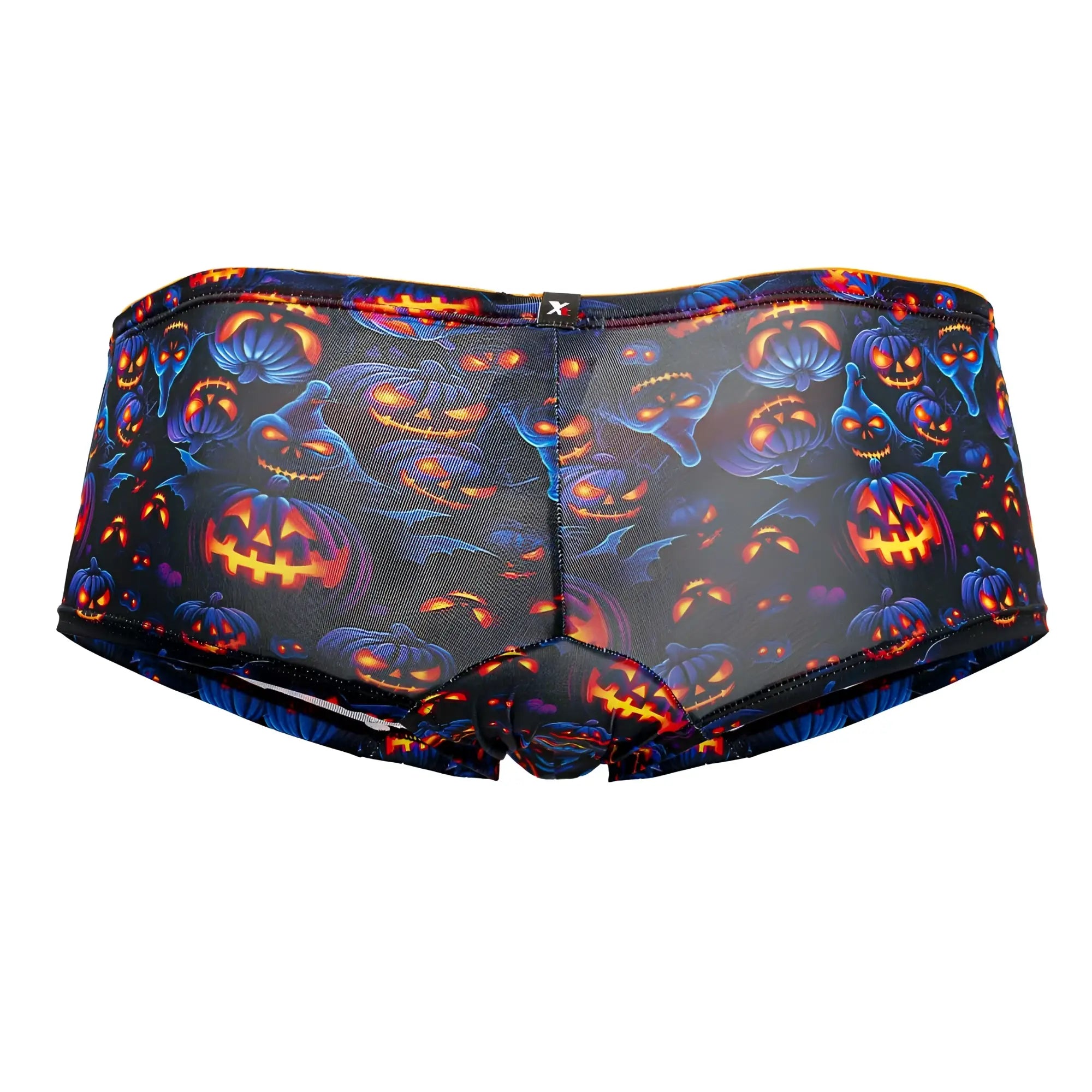 Black xtremen 91193 printed swim trunks with vibrant halloween pumpkin design and glowing orange and blue accents