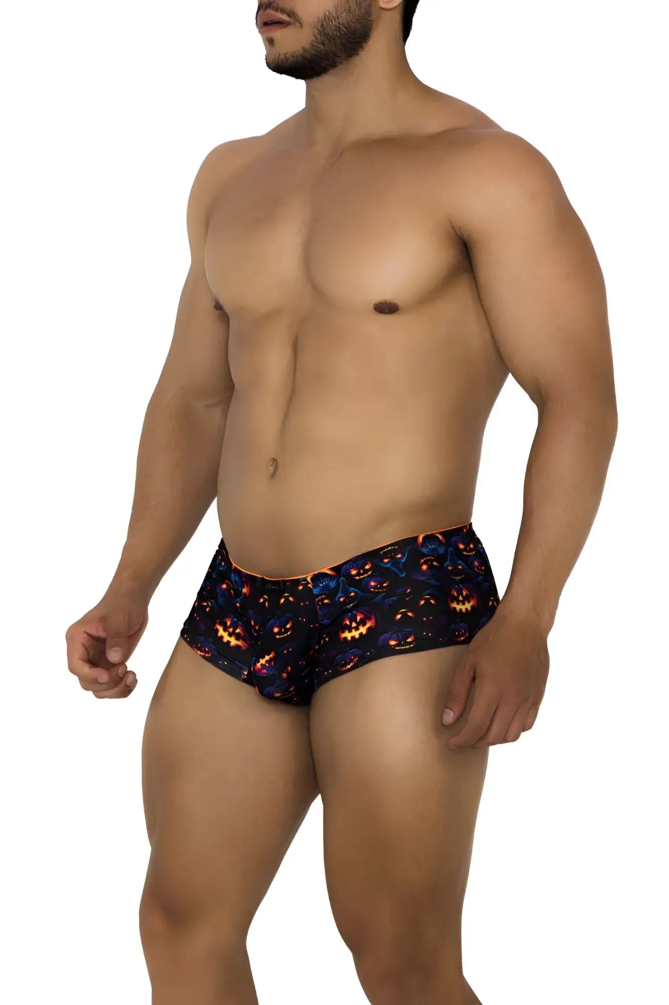 Black xtremen 91193 printed swim trunks with vibrant orange and blue glowing pumpkin pattern for halloween beachwear