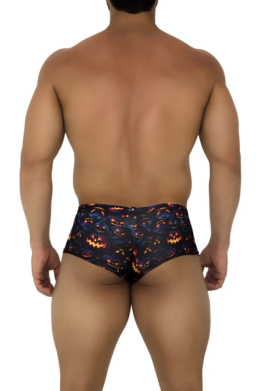 Black xtremen 91193 printed trunks featuring glowing orange and yellow pumpkin faces on a dark fabric background