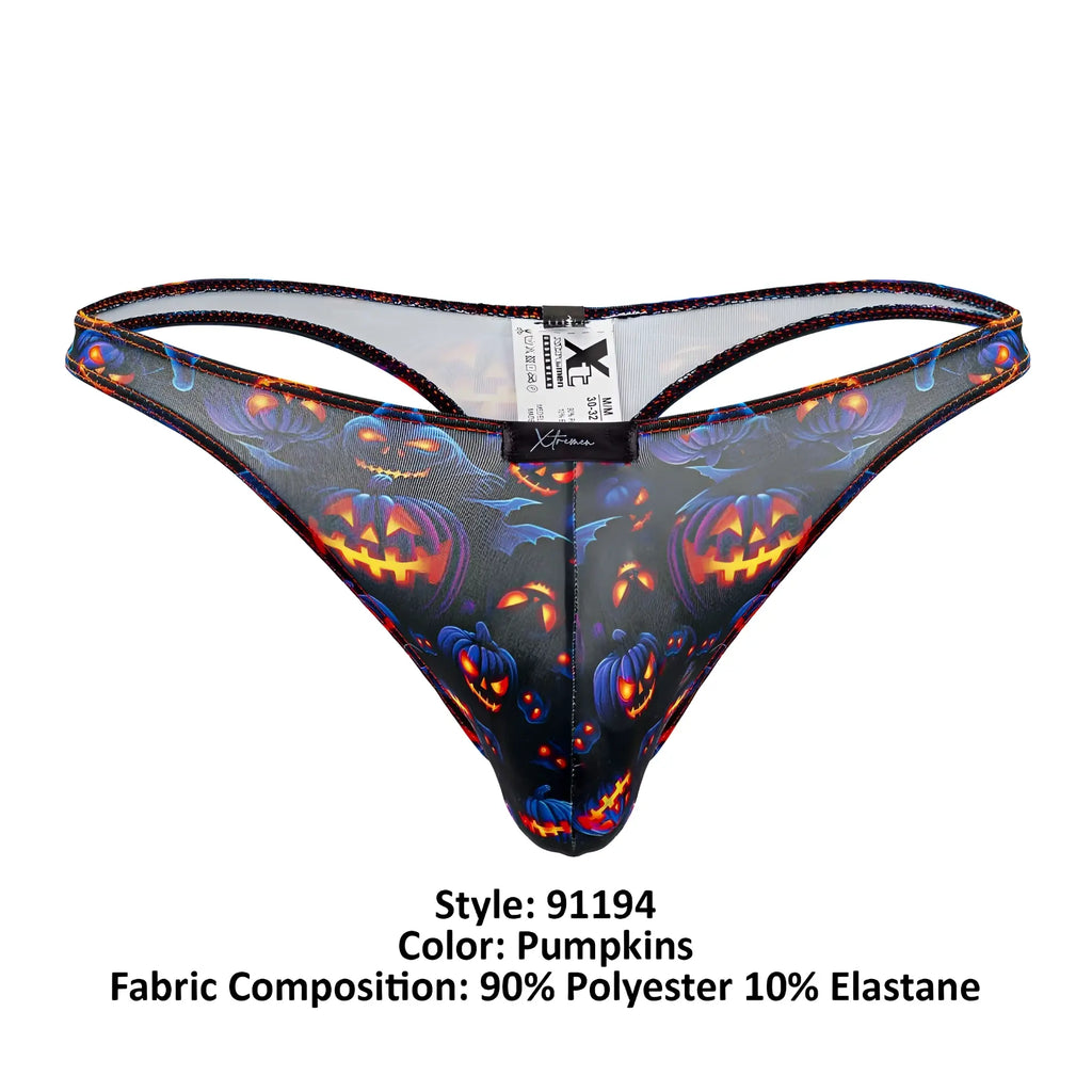 Black mesh thong xtremen 91194 featuring vibrant halloween pumpkins with glowing orange and blue accents