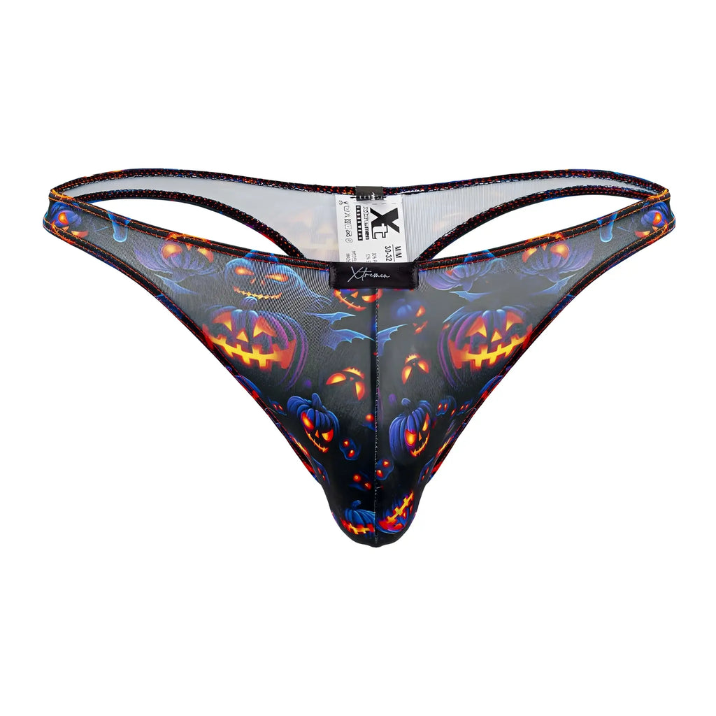 Black mesh thong Xtremen 91194 with vibrant Halloween pumpkin design and glowing orange and blue accents