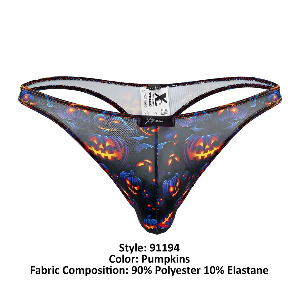 Black mesh thong xtremen 91194 featuring vibrant halloween pumpkins with glowing orange and blue accents
