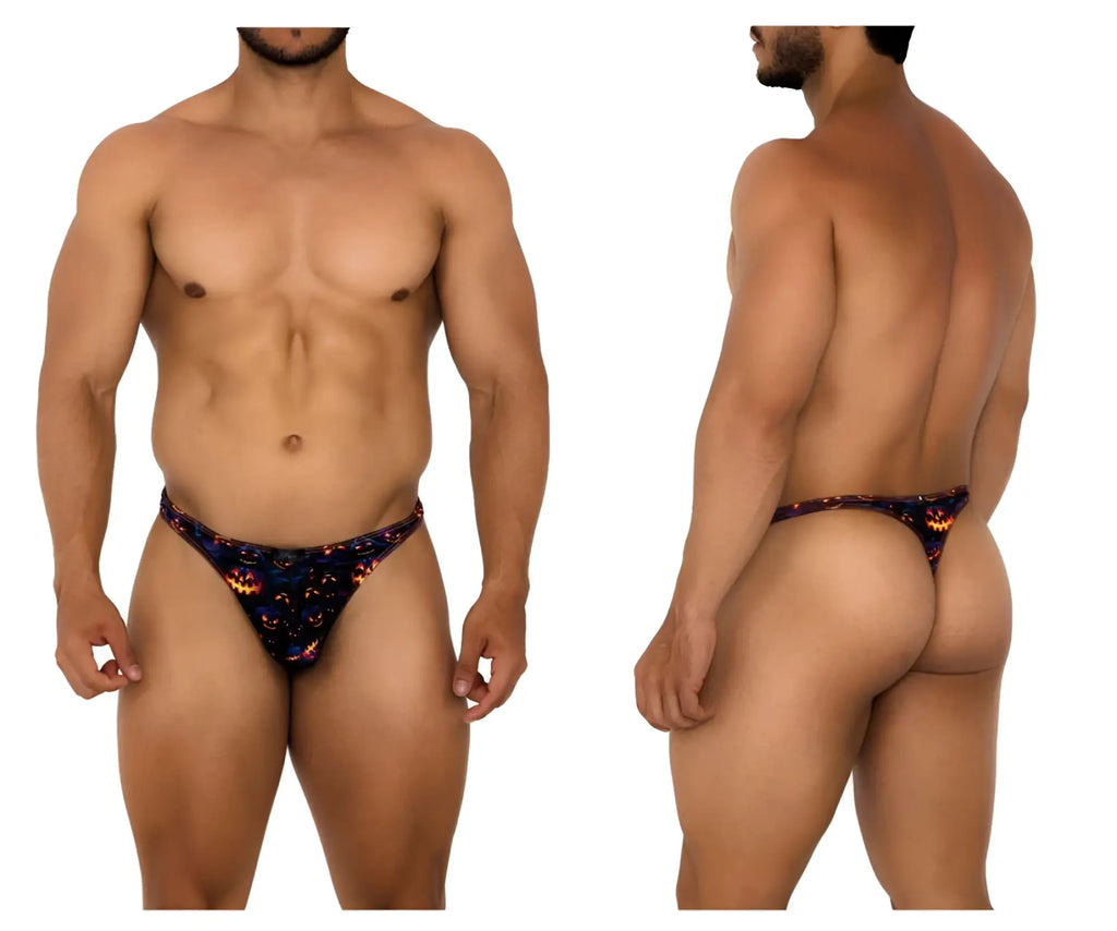 Black thong with halloween-themed orange jack-o-lantern and purple stars print from xtremen 91194 printed thongs color pumpkins