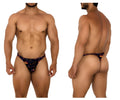 Black thong with halloween-themed orange jack-o-lantern and purple stars print from xtremen 91194 printed thongs color pumpkins