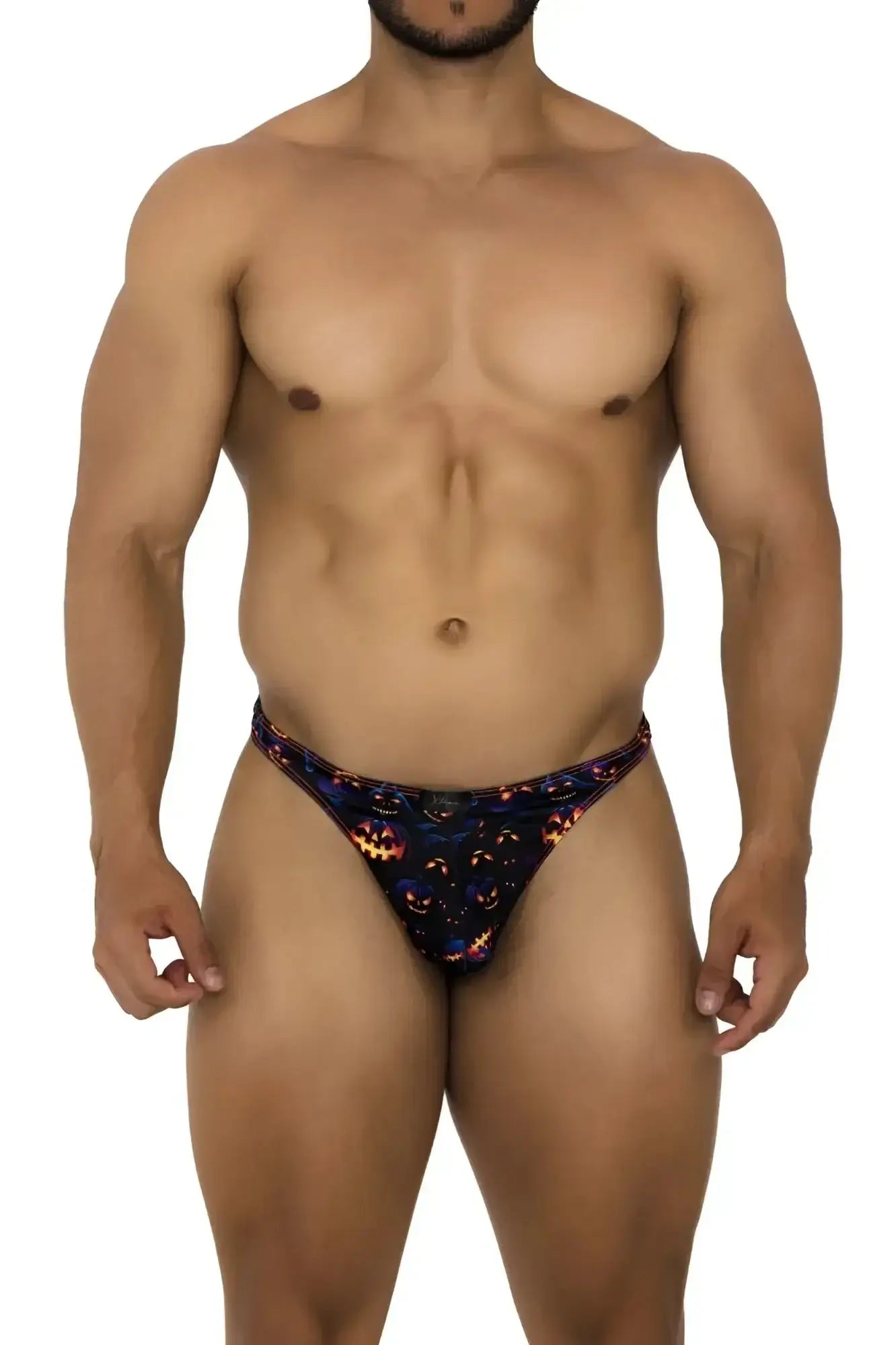 Black thong with vibrant orange and yellow halloween pumpkin print from xtremen 91194 printed thongs color pumpkins