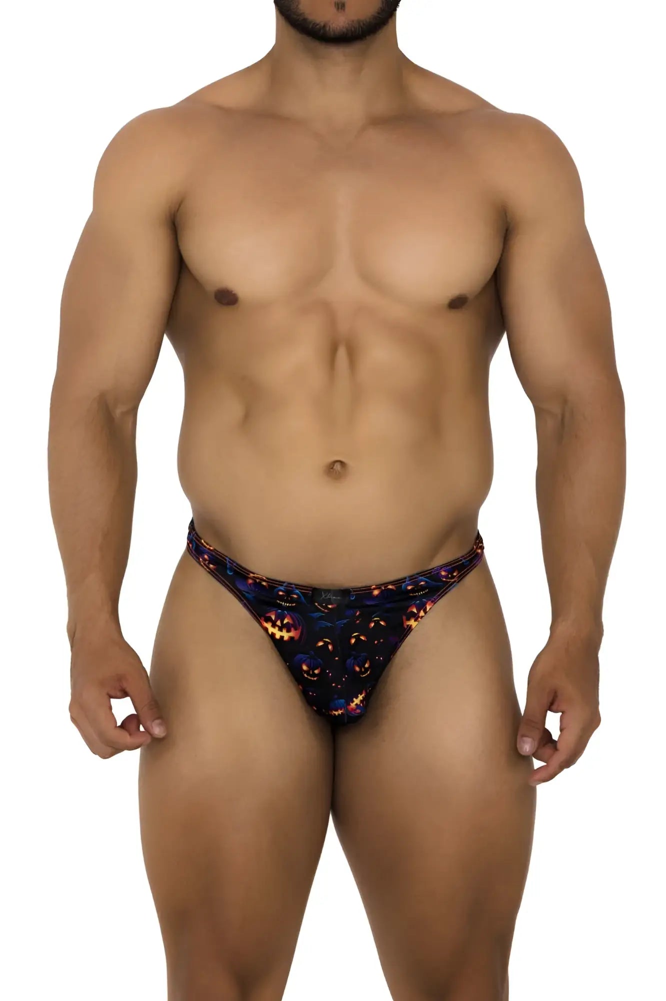 Black thong with vibrant orange and yellow halloween pumpkin print from xtremen 91194 printed thongs color pumpkins