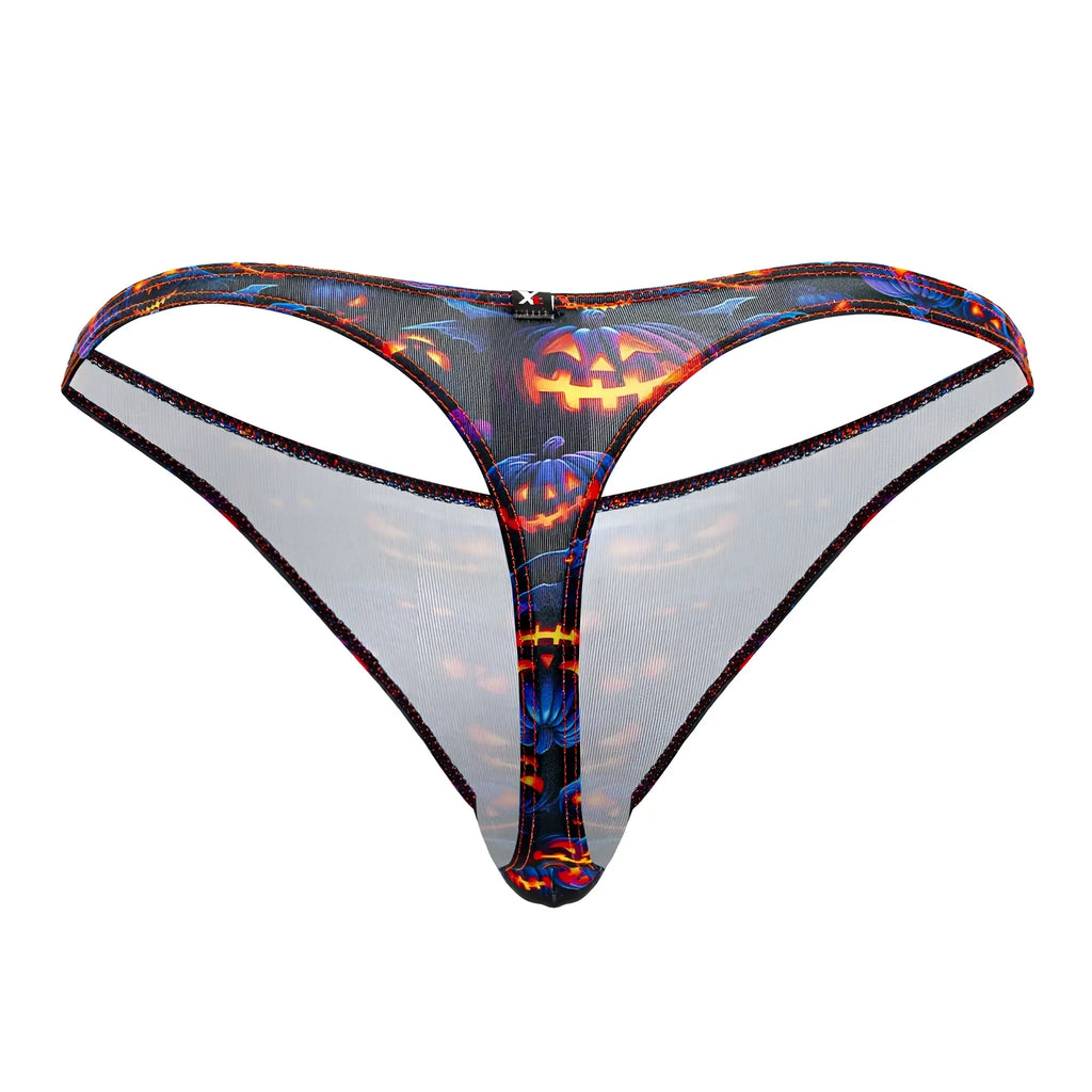 Xtremen 91194 printed thong in translucent mesh with glowing orange and blue pumpkins bats and fiery Halloween designs