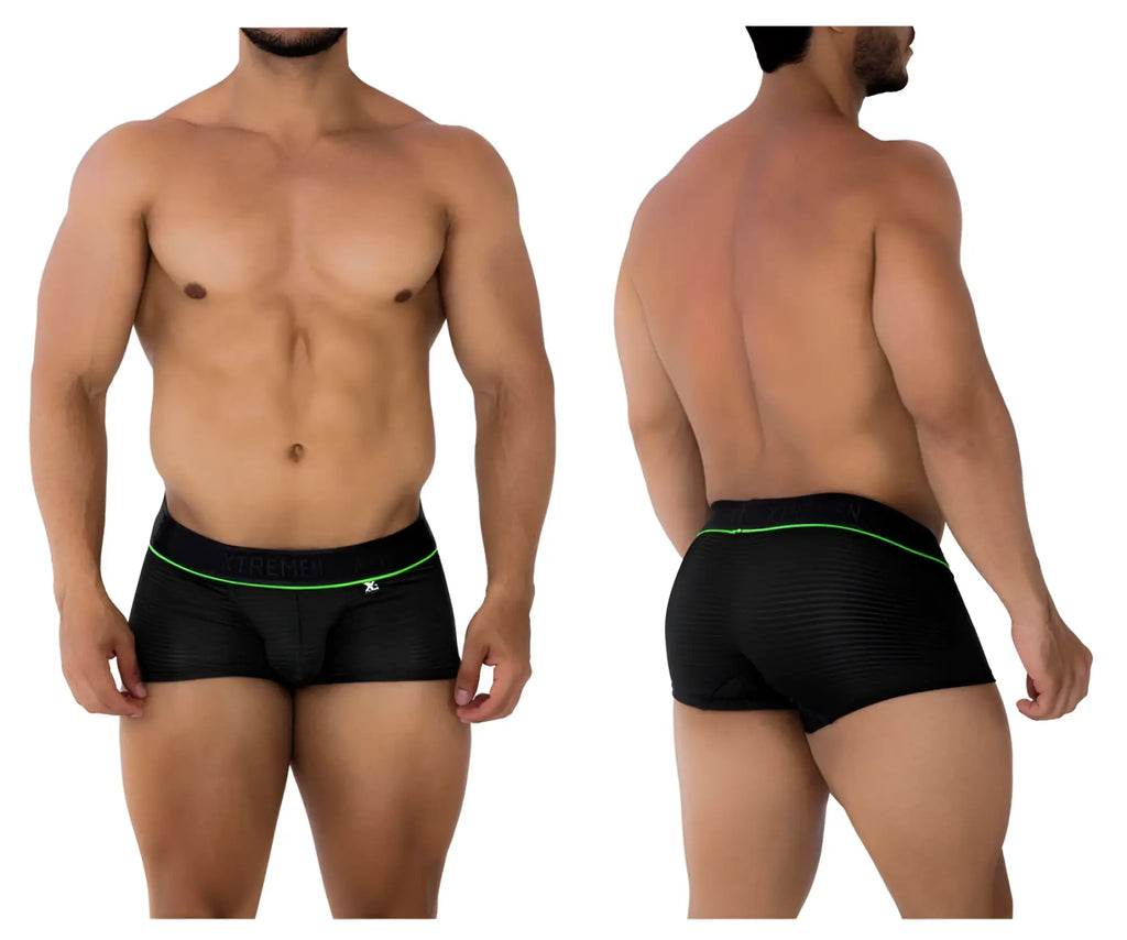 Black xtremen 91196 jacquard trunks with neon green waistband trim and subtle textured pattern in athletic briefs style