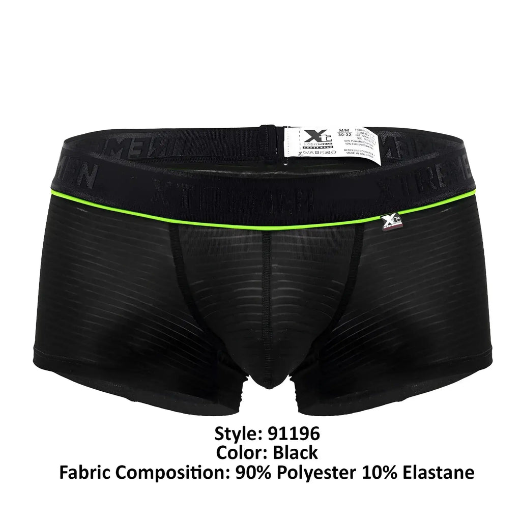 Black men’s Xtremen 91196 jacquard trunks with neon green trim and textured fabric featuring xtreme logo waistband