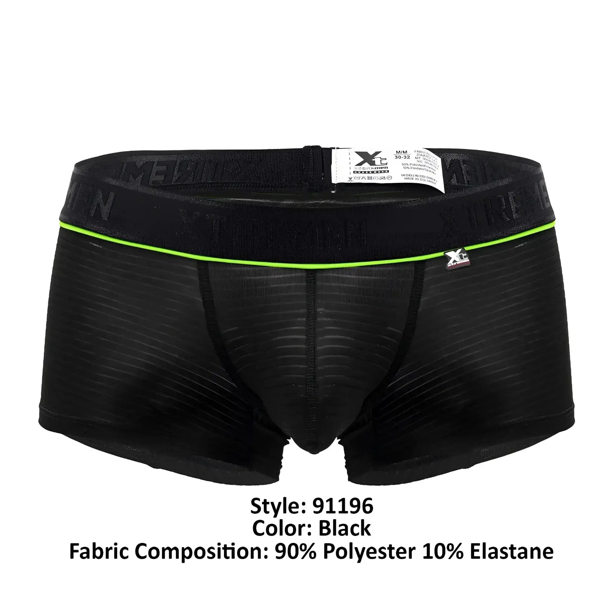 Black men’s Xtremen 91196 jacquard trunks with neon green trim and textured fabric featuring xtreme logo waistband