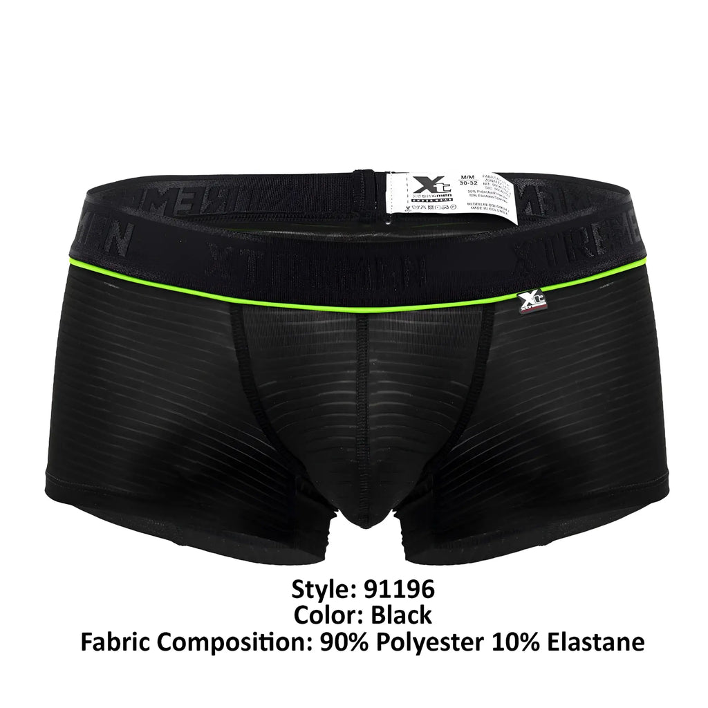 Black men’s Xtremen 91196 jacquard trunks with neon green trim and textured fabric featuring xtreme logo waistband