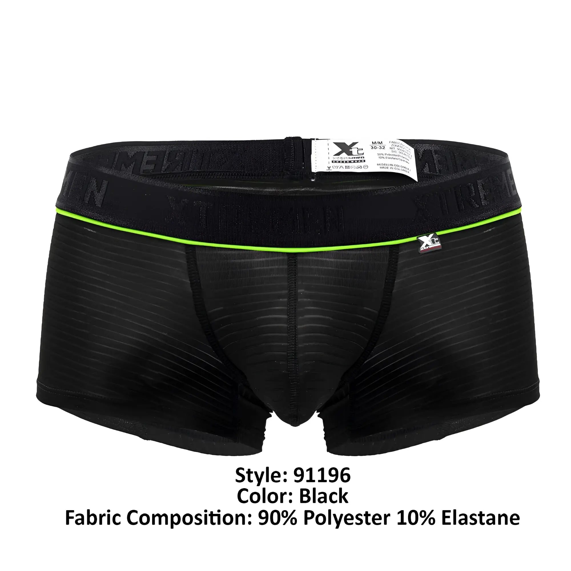 Black men’s Xtremen 91196 jacquard trunks with neon green trim and textured fabric featuring xtreme logo waistband