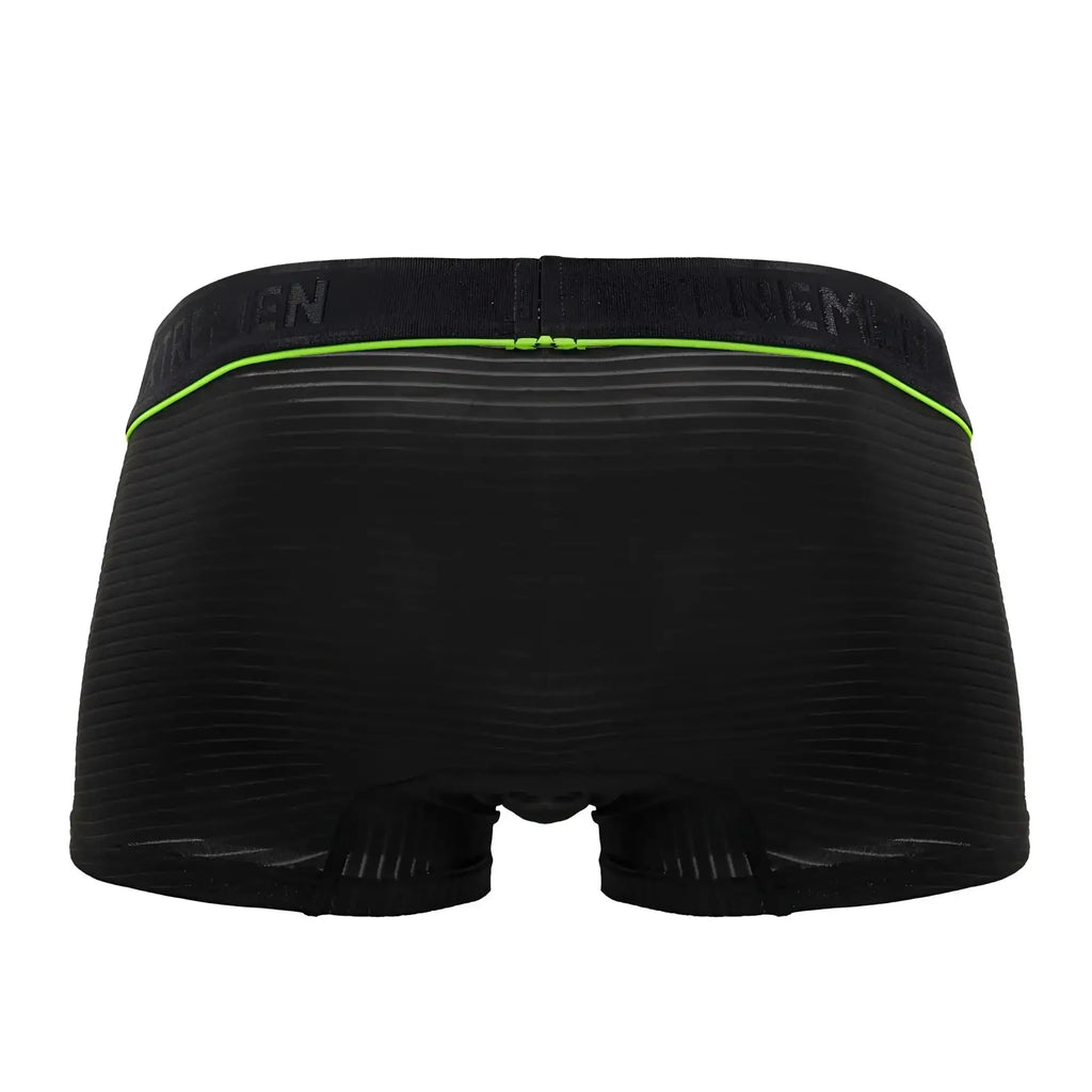 Black xtremen 91196 jacquard trunks with ribbed fabric and neon green waistband featuring brand name