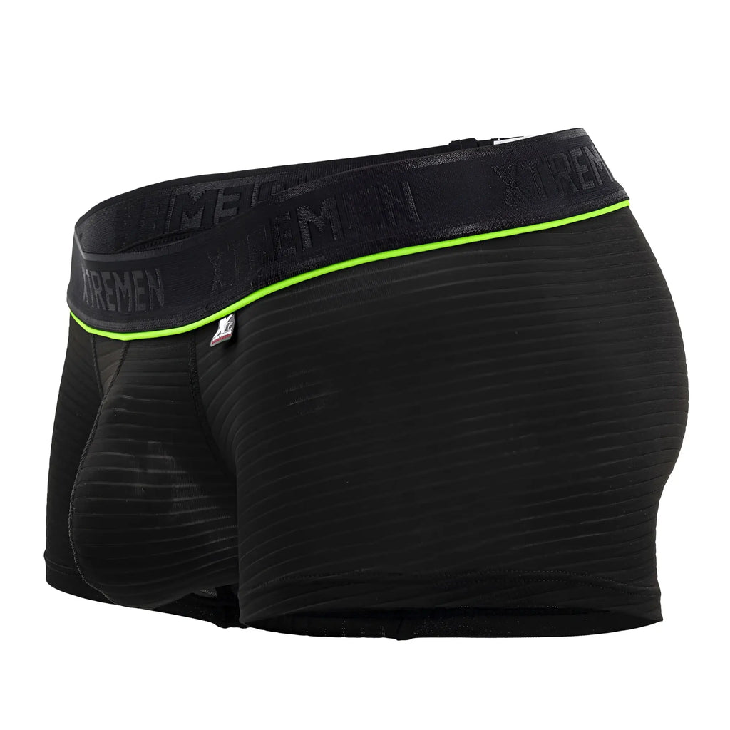 Black xtremen 91196 jacquard trunks boxer briefs with ribbed textured fabric and neon green waistband trim