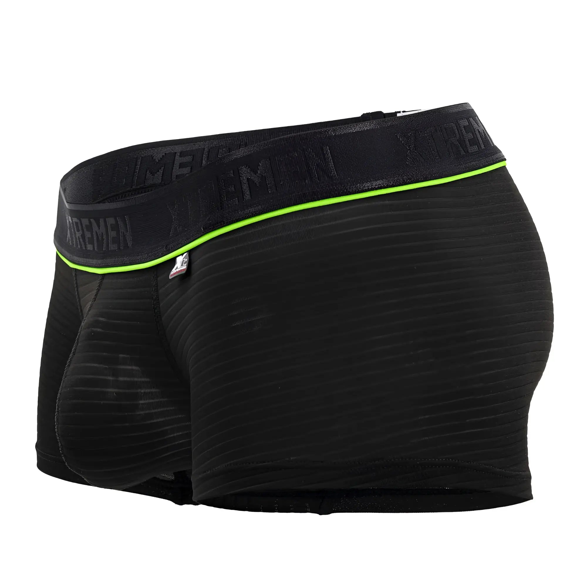 Black xtremen 91196 jacquard trunks boxer briefs with ribbed textured fabric and neon green waistband trim