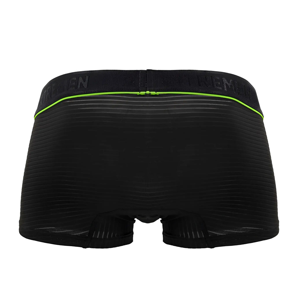 Black xtremen 91196 jacquard trunks with ribbed fabric and neon green waistband featuring brand name