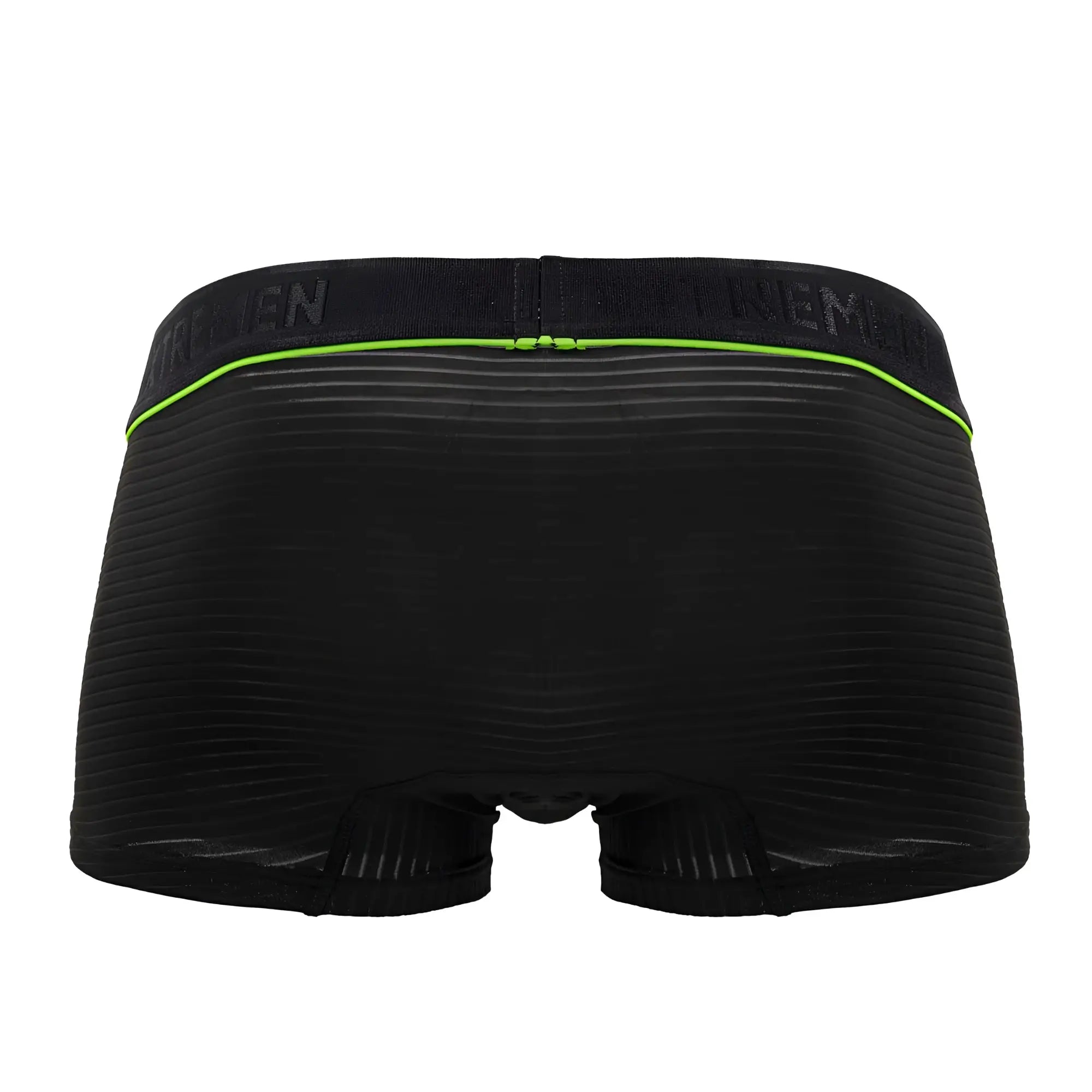Black xtremen 91196 jacquard trunks with ribbed fabric and neon green waistband featuring brand name