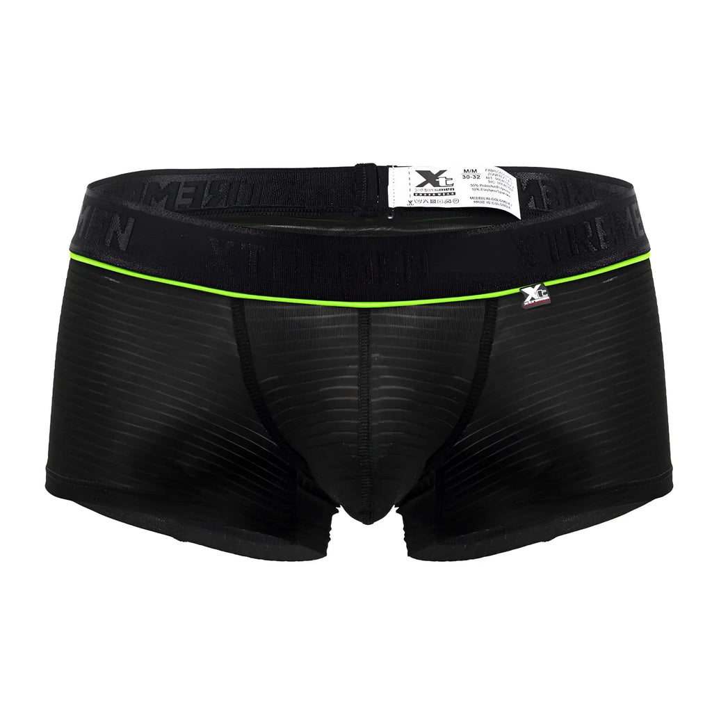 Black xtremen 91196 jacquard trunks men’s boxer briefs with neon green trim and textured fabric front view