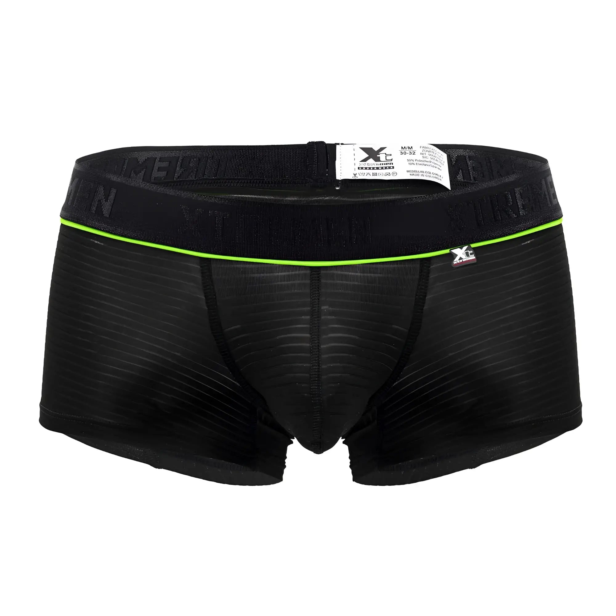 Black xtremen 91196 jacquard trunks men’s boxer briefs with neon green trim and textured fabric front view