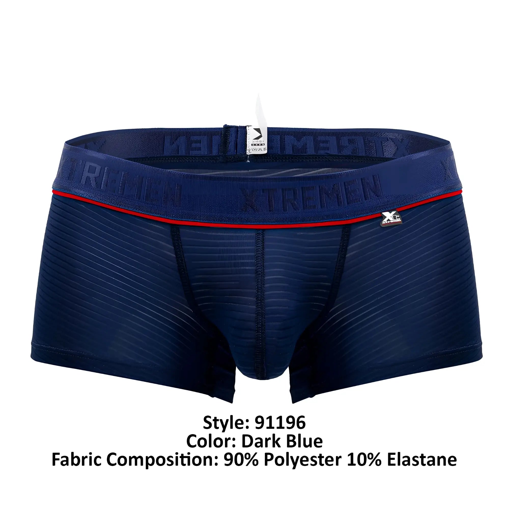 Dark blue xtremen 91196 jacquard trunks with ribbed texture and red trim on the waistband featuring xtremen logo