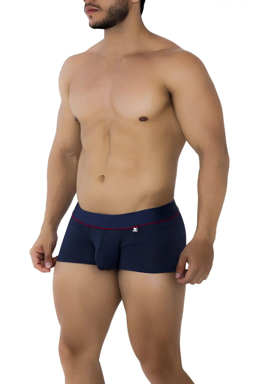 Navy blue xtremen 91196 jacquard boxer briefs with red trim and small logo on waistband