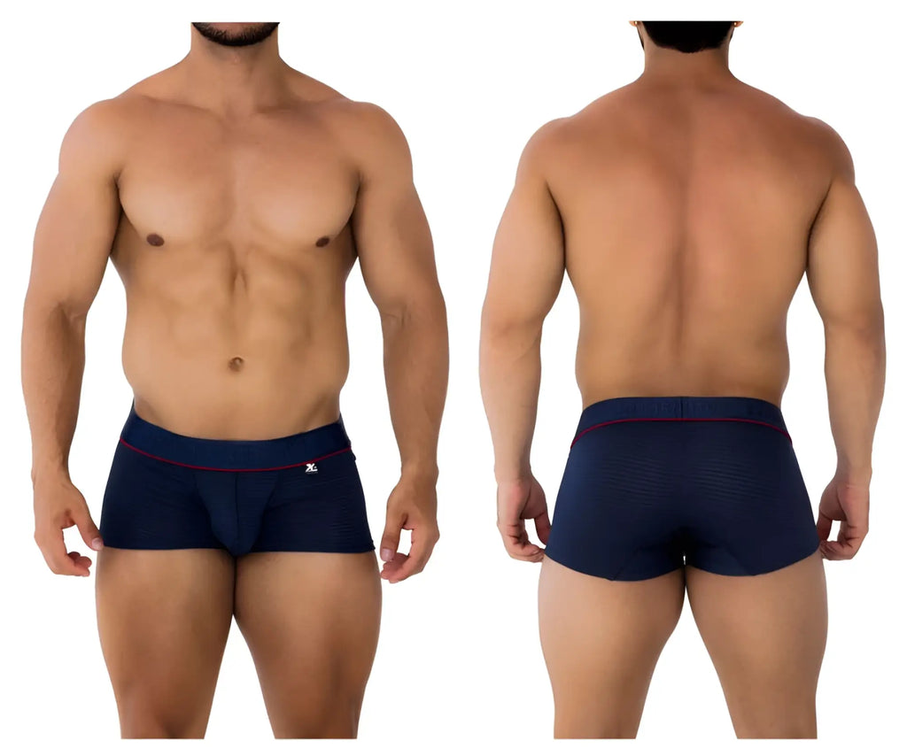 Navy blue Xtremen 91196 jacquard trunks boxer briefs with red trim and logo on the waistband