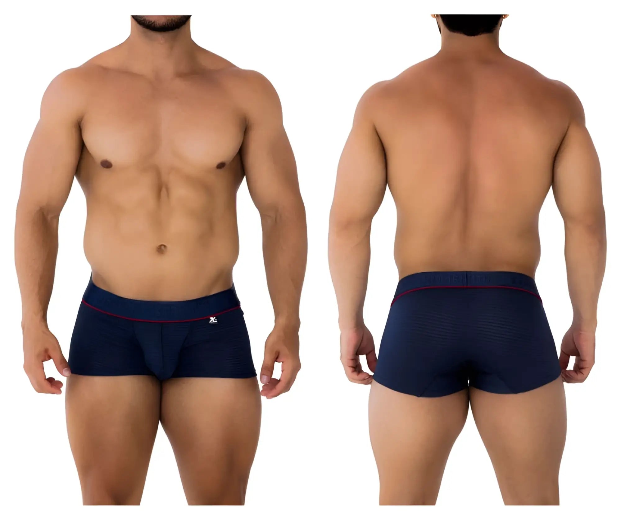 Navy blue Xtremen 91196 jacquard trunks boxer briefs with red trim and logo on the waistband