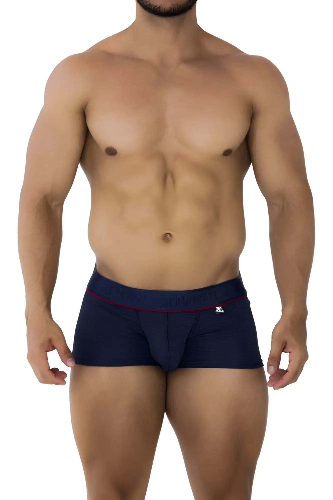 Navy blue Xtremen 91196 jacquard trunks with red trim and small white logo waistband in briefs style