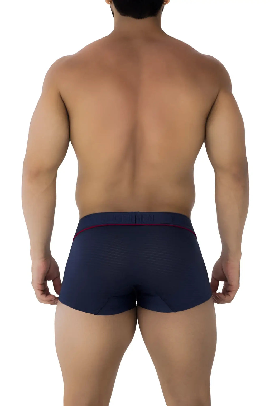 Navy blue xtremen 91196 jacquard trunks with textured fabric and red trim waistband for comfortable support