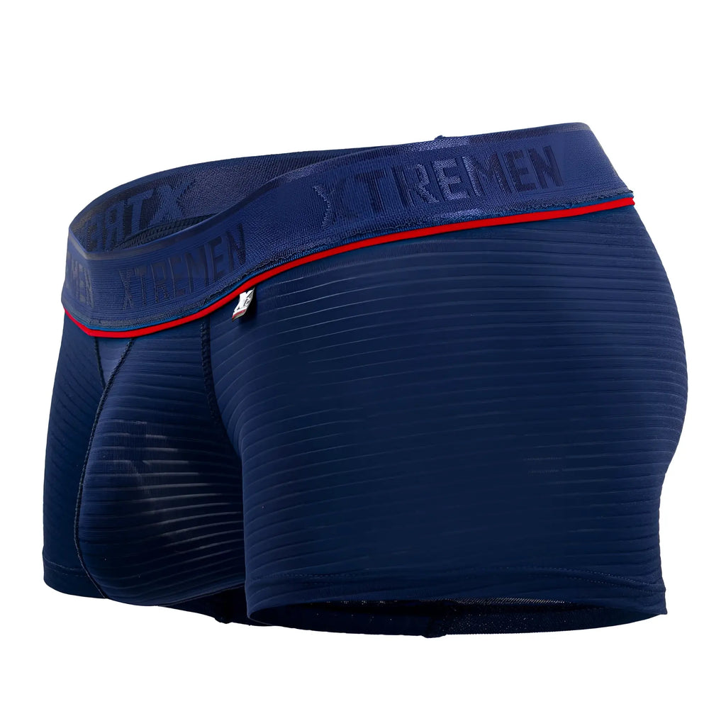 Navy blue xtremen 91196 jacquard trunks boxer briefs with red trim and textured fabric front view