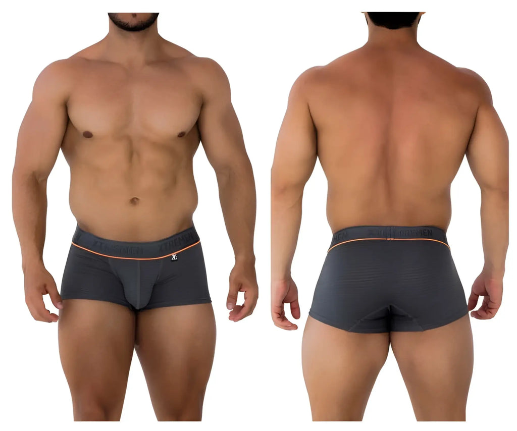Dark gray xtremen 91196 jacquard trunks boxer briefs with subtle textured pattern and orange waistband trim