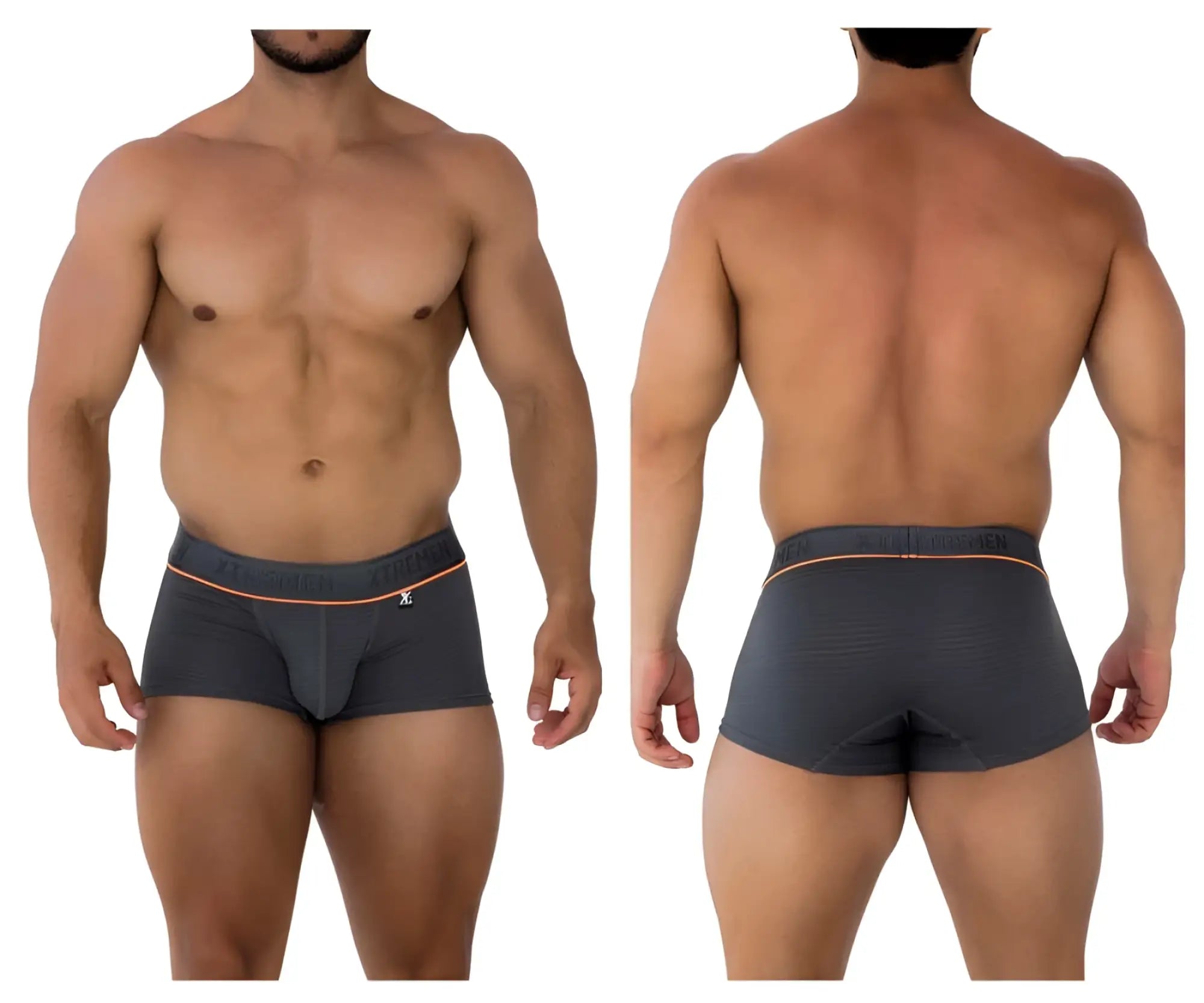 Dark gray xtremen 91196 jacquard trunks boxer briefs with subtle textured pattern and orange waistband trim