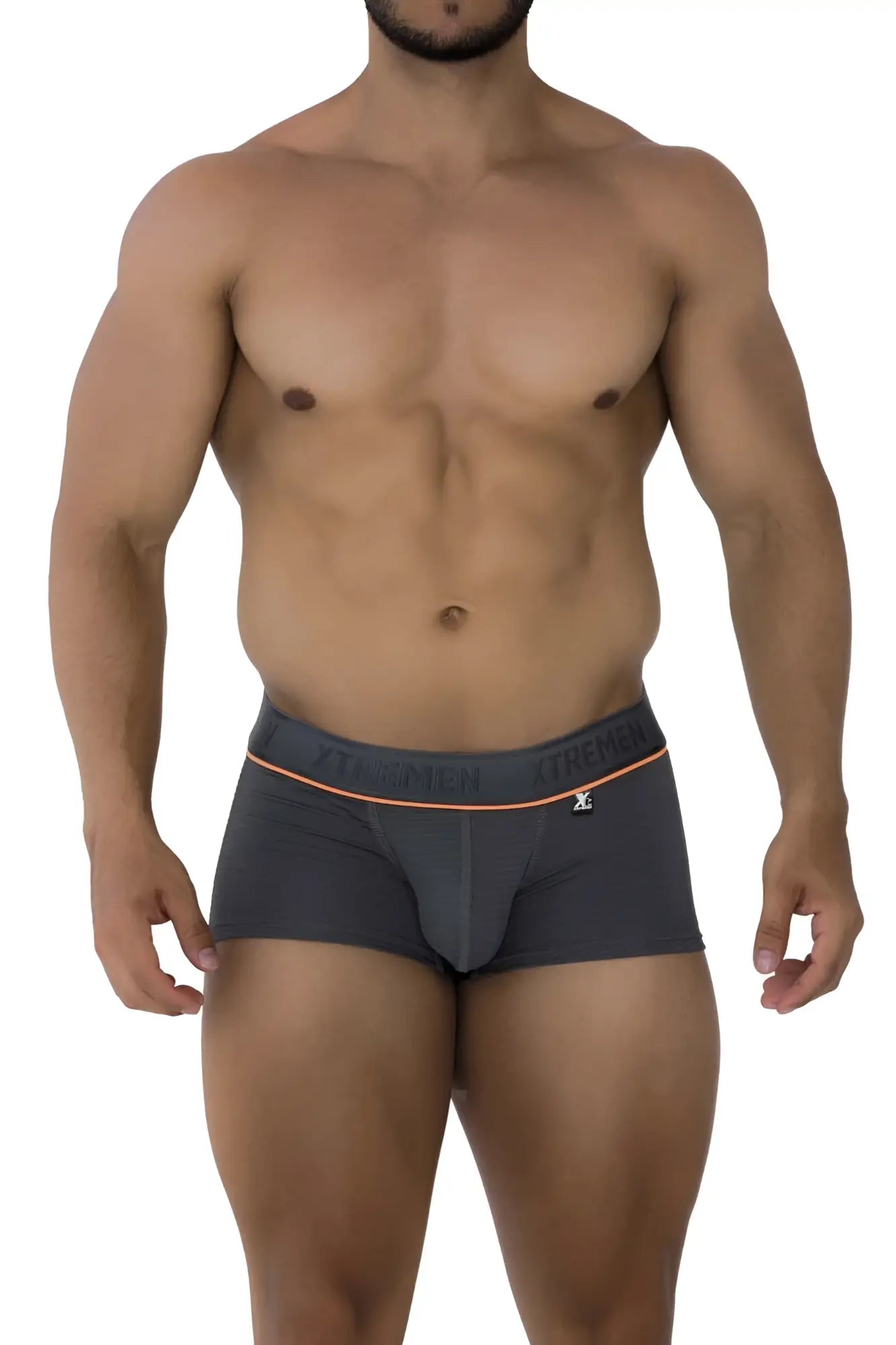 Dark gray xtremen 91196 jacquard trunks with orange waistband trim and front logo for comfortable men’s underwear